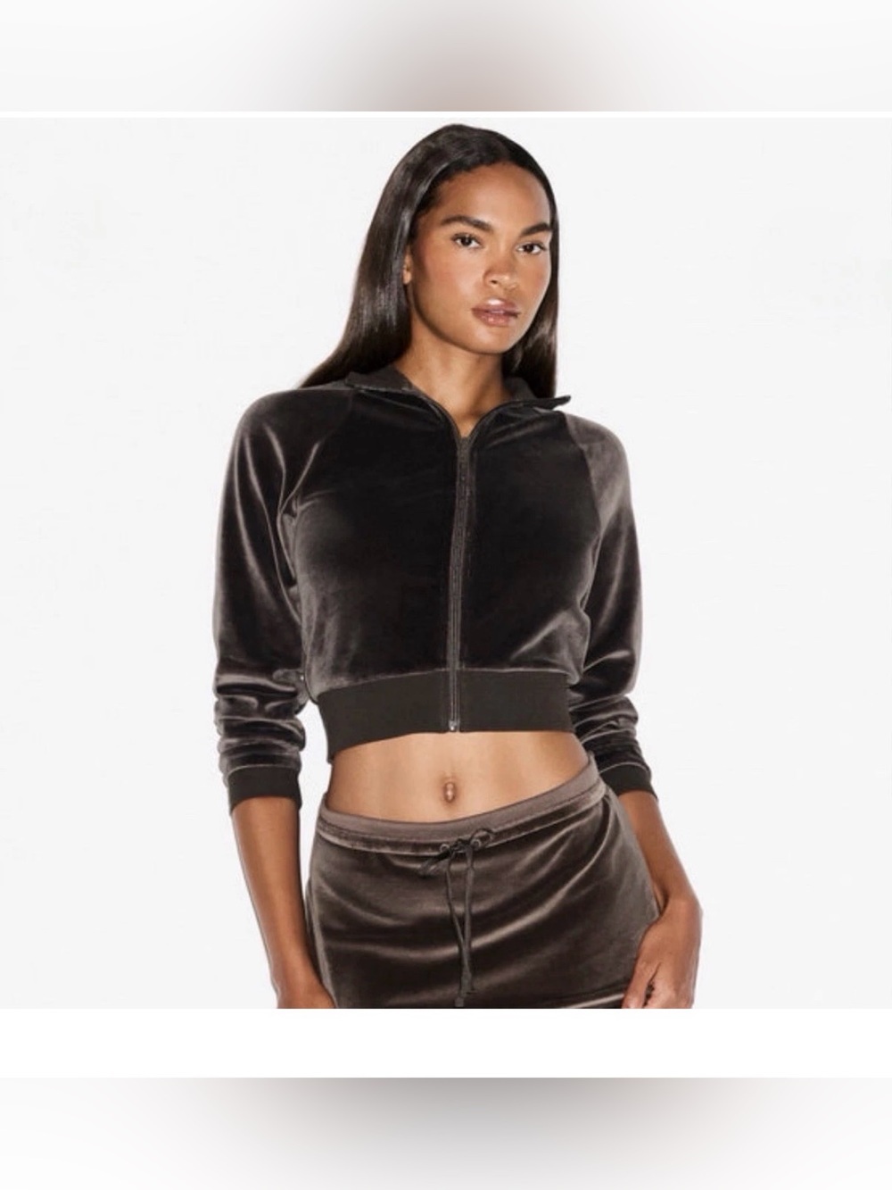 SKIMS Velour Shrunken Track Jacket Dark Sepia Brown Zip Crop Size XS @